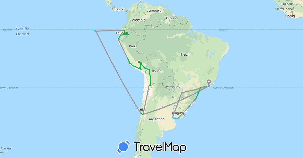 TravelMap itinerary: bus, plane, hiking, boat in Argentina, Bolivia, Brazil, Chile, Ecuador, Peru, Uruguay (South America)
